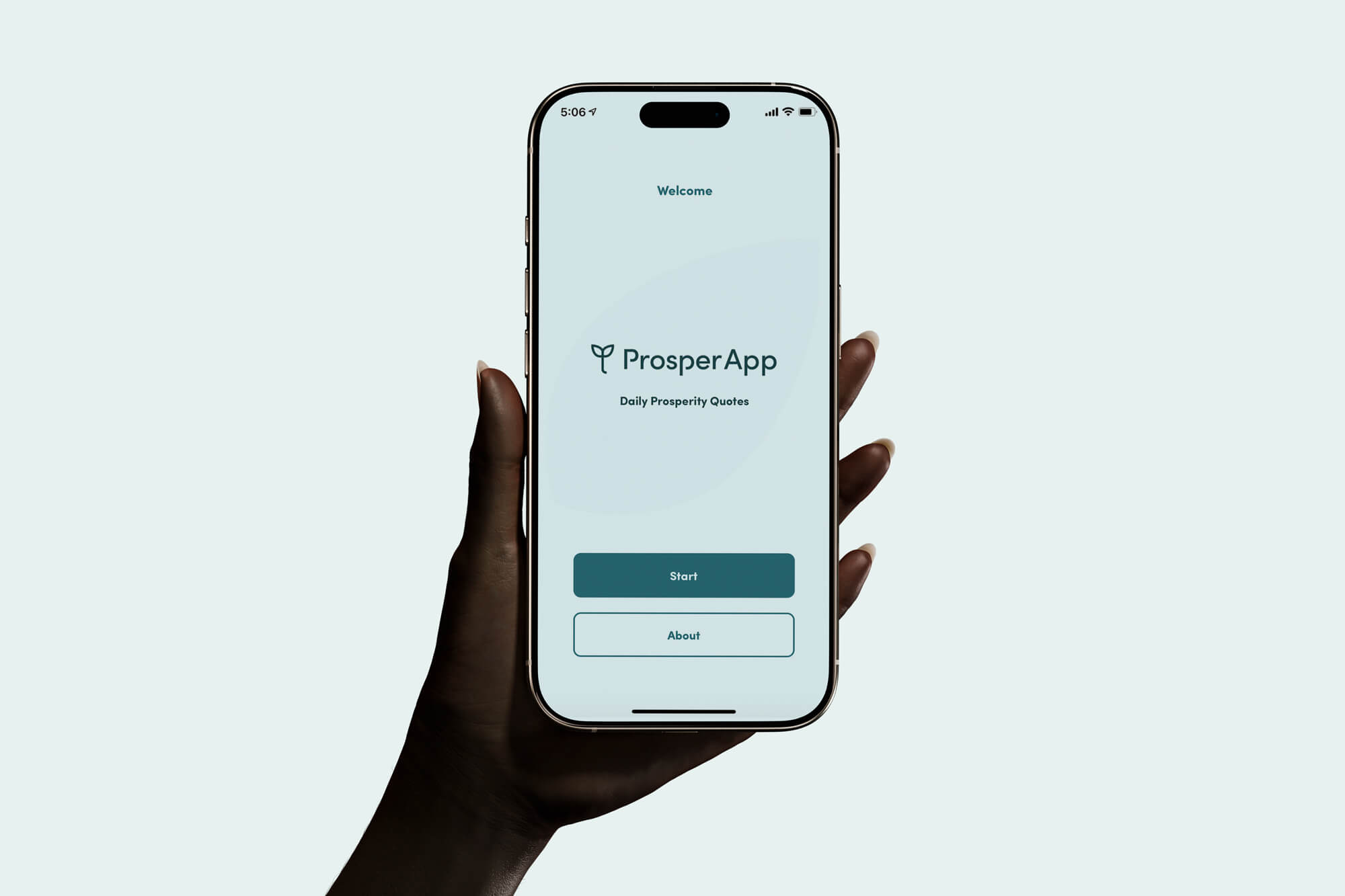 Hand holding an iPhone displaying the ProsperApp welcome screen with options to Start or About.