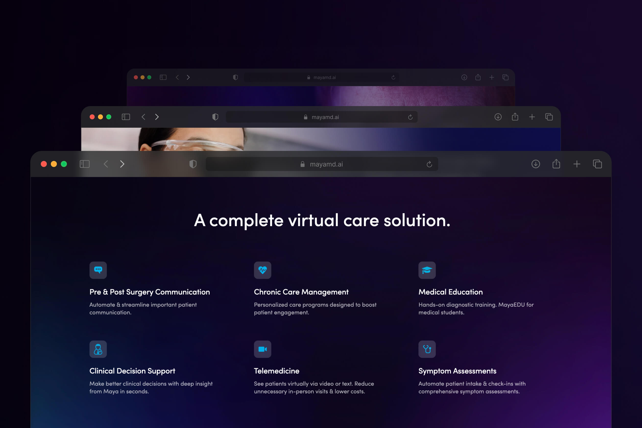 Screenshot of a web browser displaying the MayaMD virtual care solution features including Pre & Post Surgery Communication, Chronic Care Management, Medical Education, Clinical Decision Support, Telemedicine, and Symptom Assessments.