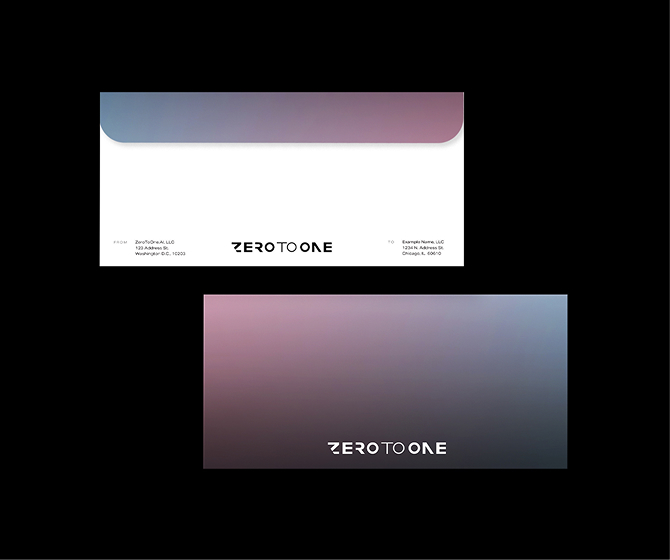 Branding showcase image depicting brand collateral design for a tech startup, showing two envelopes with a gradient of purple to blue; one envelope flap is open showing sender and recipient addresses with the logo 'ZeroToOne' in the center, the other envelope is closed showing only the logo.