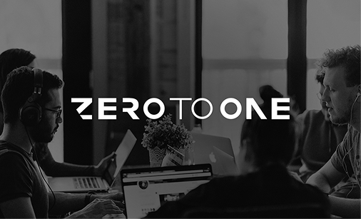 Black and white photo of a diverse group working on laptops in a modern office with the logo for an enterprise AI Marketing tech startup  'ZeroToOne' overlayed.