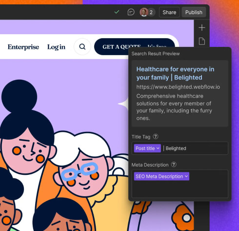 Screenshot of Webflow web design editor showing a marketing illustration and SEO settings with title tag and meta description for a healthcare website designed by James Cannella.