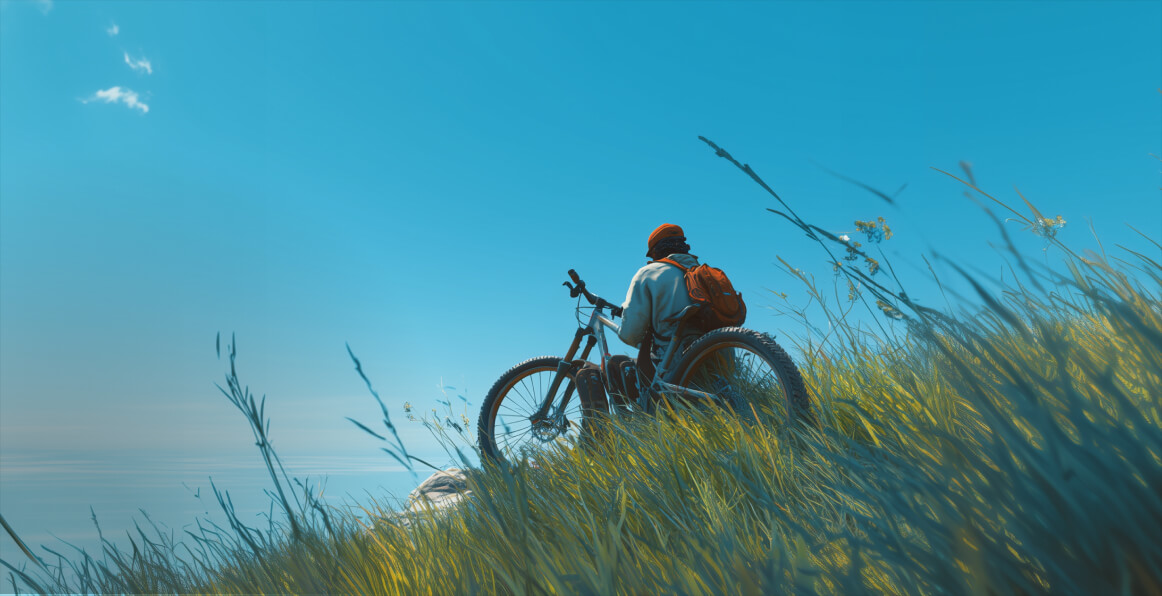 芝生の丘の上で自転車で休んでいる人