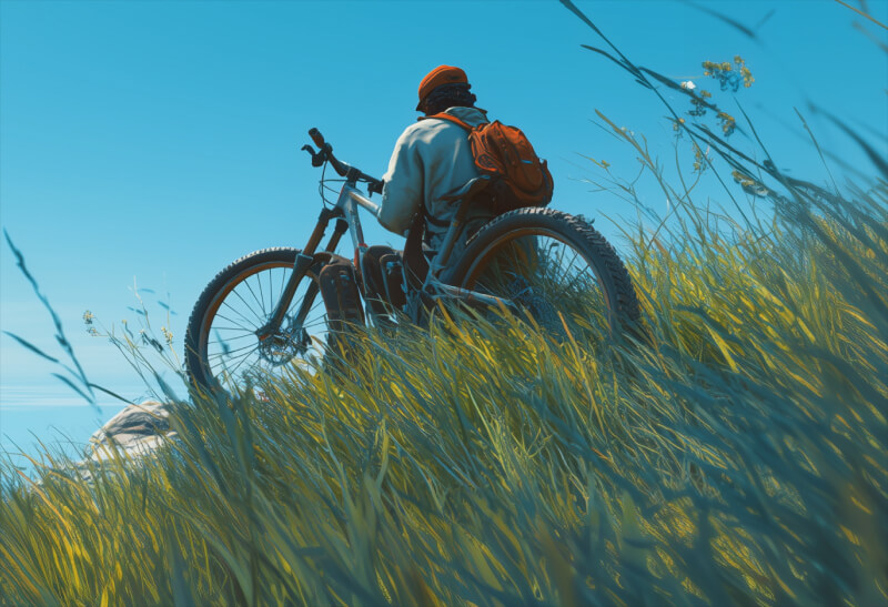 芝生の丘の上で自転車で休んでいる人