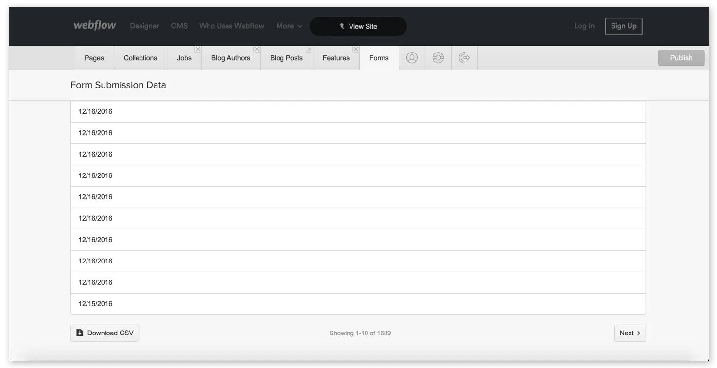 The forms tab lists submissions by date