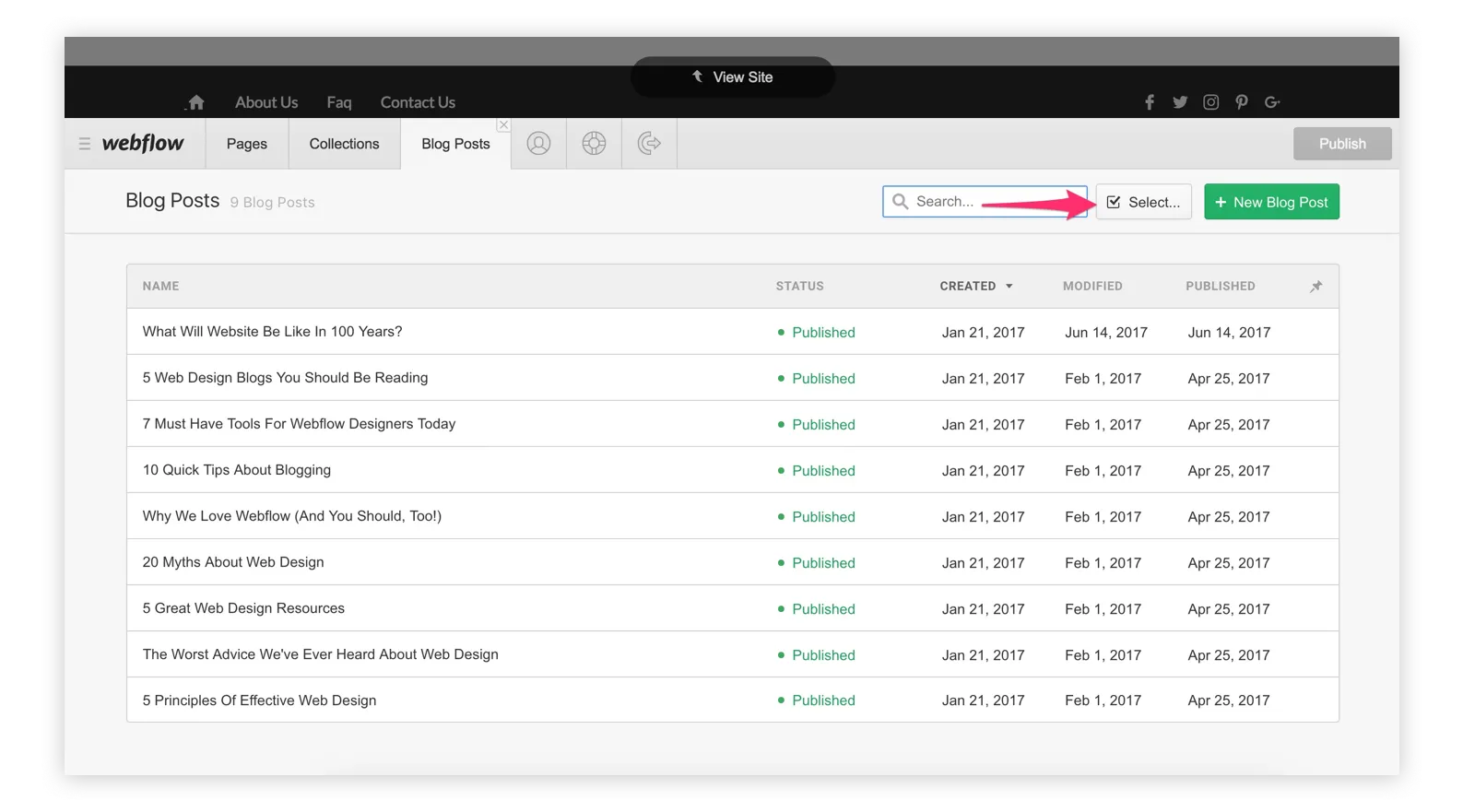 Click the "Select" button to bulk manage Collection items