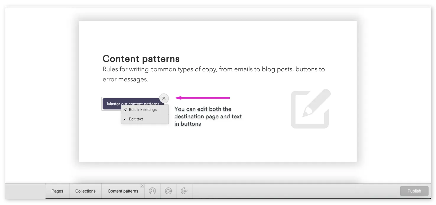 Button with options for editing links and text