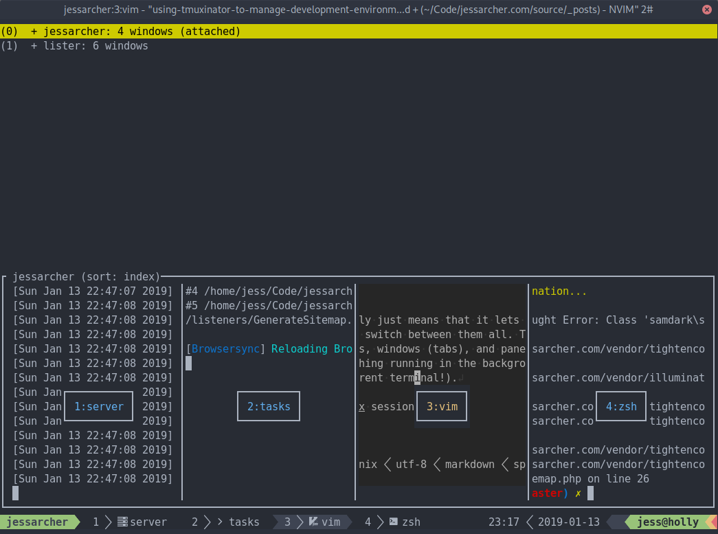  Tmuxinator - zeigt ein großes horizontales Fenster mit vier kleinen Fenstern darunter, mit 1:server, 2:tasks, 3:vim, and 4:zsh.