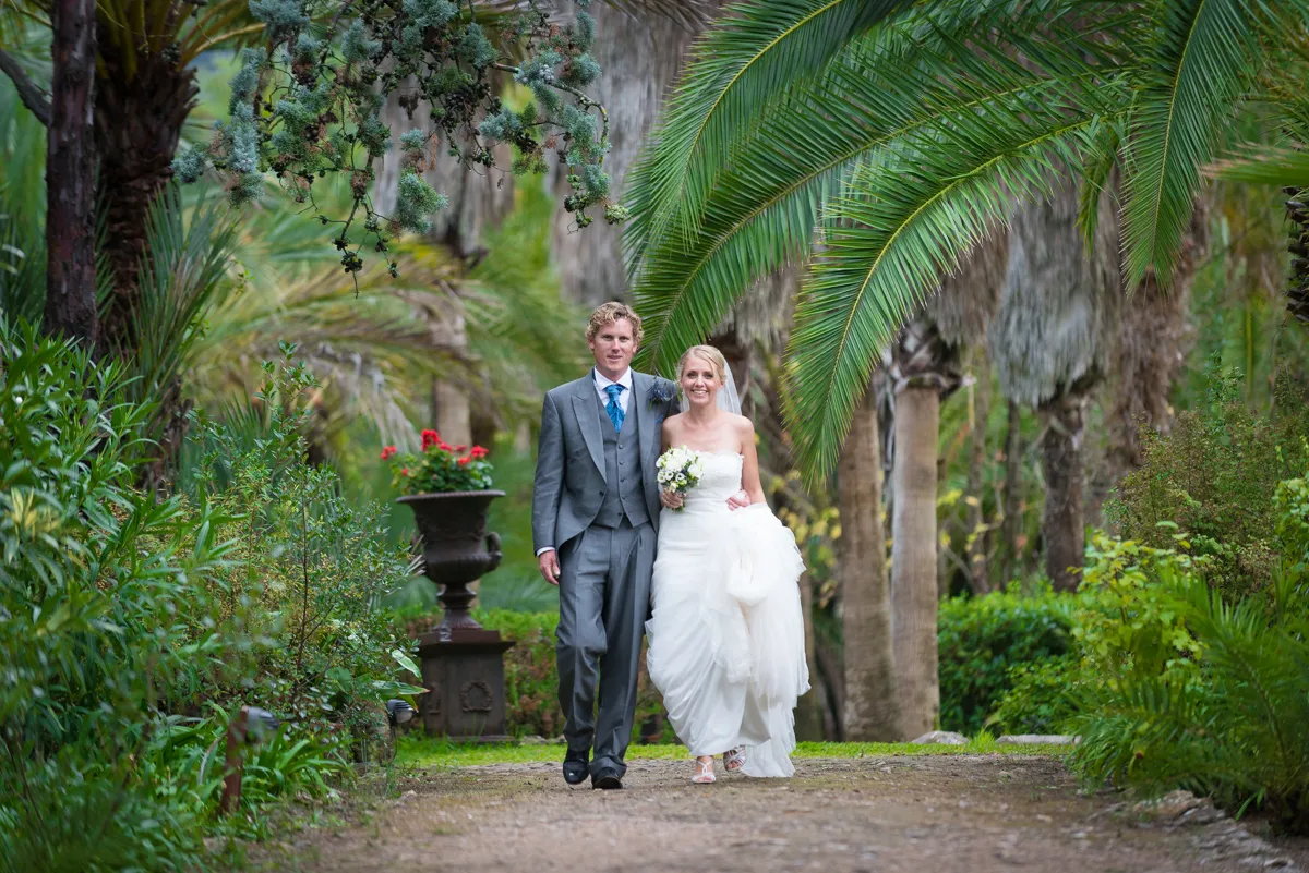 Bride & Groom walking in the gardens of Son Pont Majorca