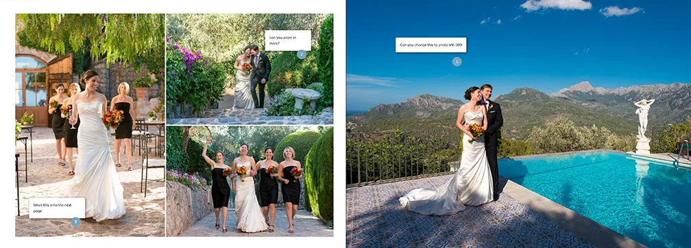 Collage of wedding photos with a bride and bridesmaids in black dresses walking outdoors and a bride and groom posing by a pool with mountains in the background.