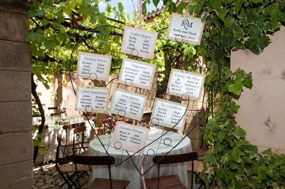 Outdoor wedding seating chart shaped like a heart with tables and guest names, set against a vineyard background.