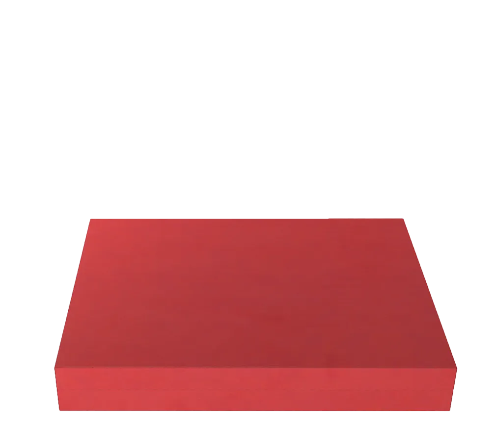 Closed rectangular red box with a smooth surface.