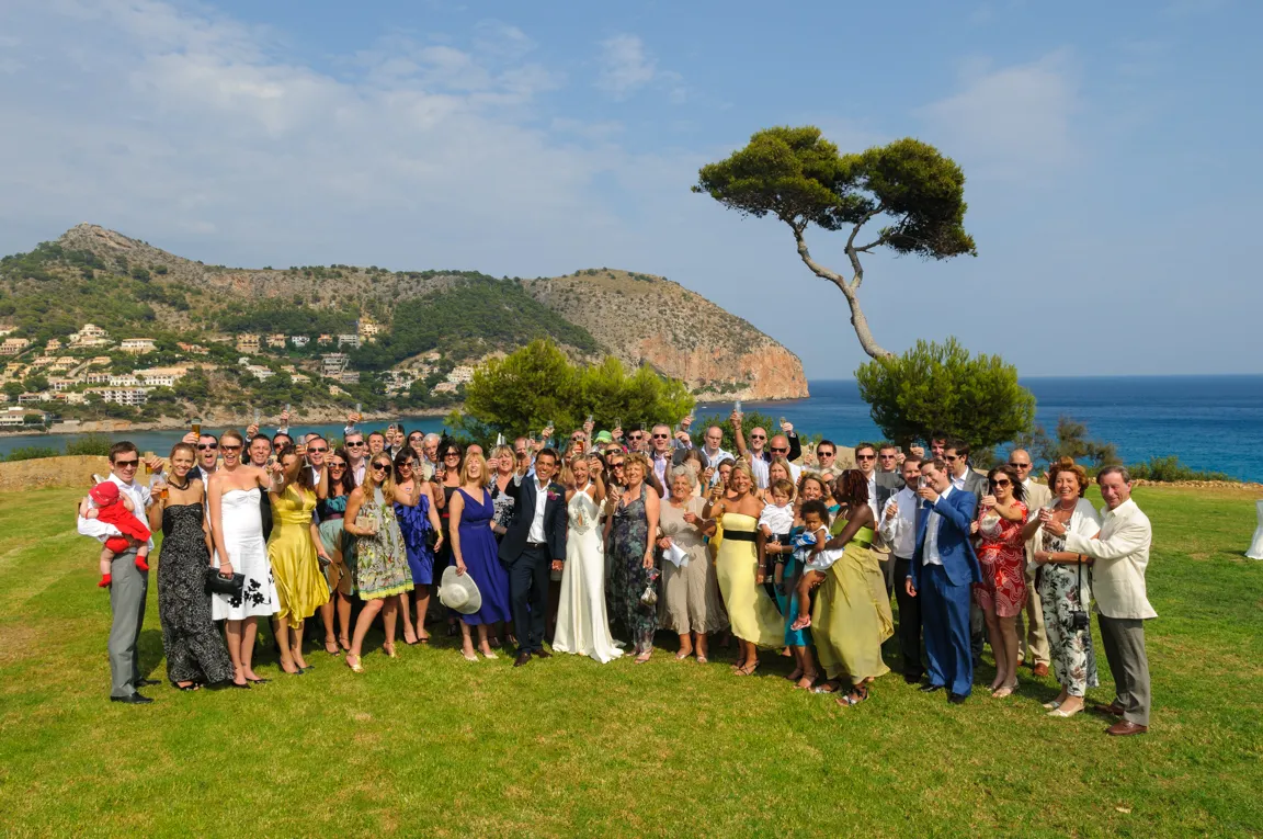 Large group of wedding guests posing outdoors on green lawn with ocean, hills, and clear sky in the background.