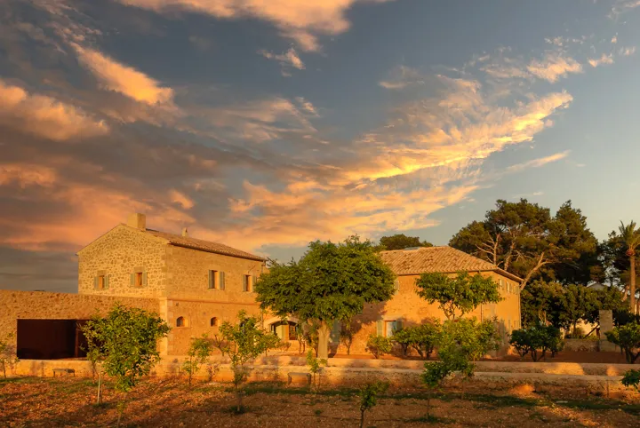 Can Simoneta wedding in golden hour and pink clouds by Andrew Hazard Photography