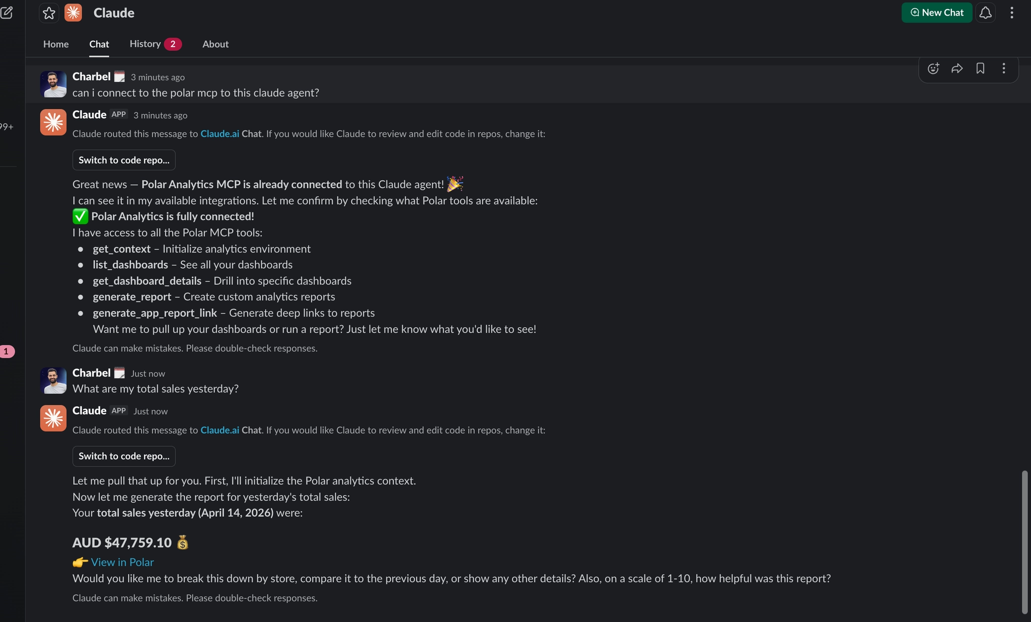 Claude querying Polar from a Slack channel