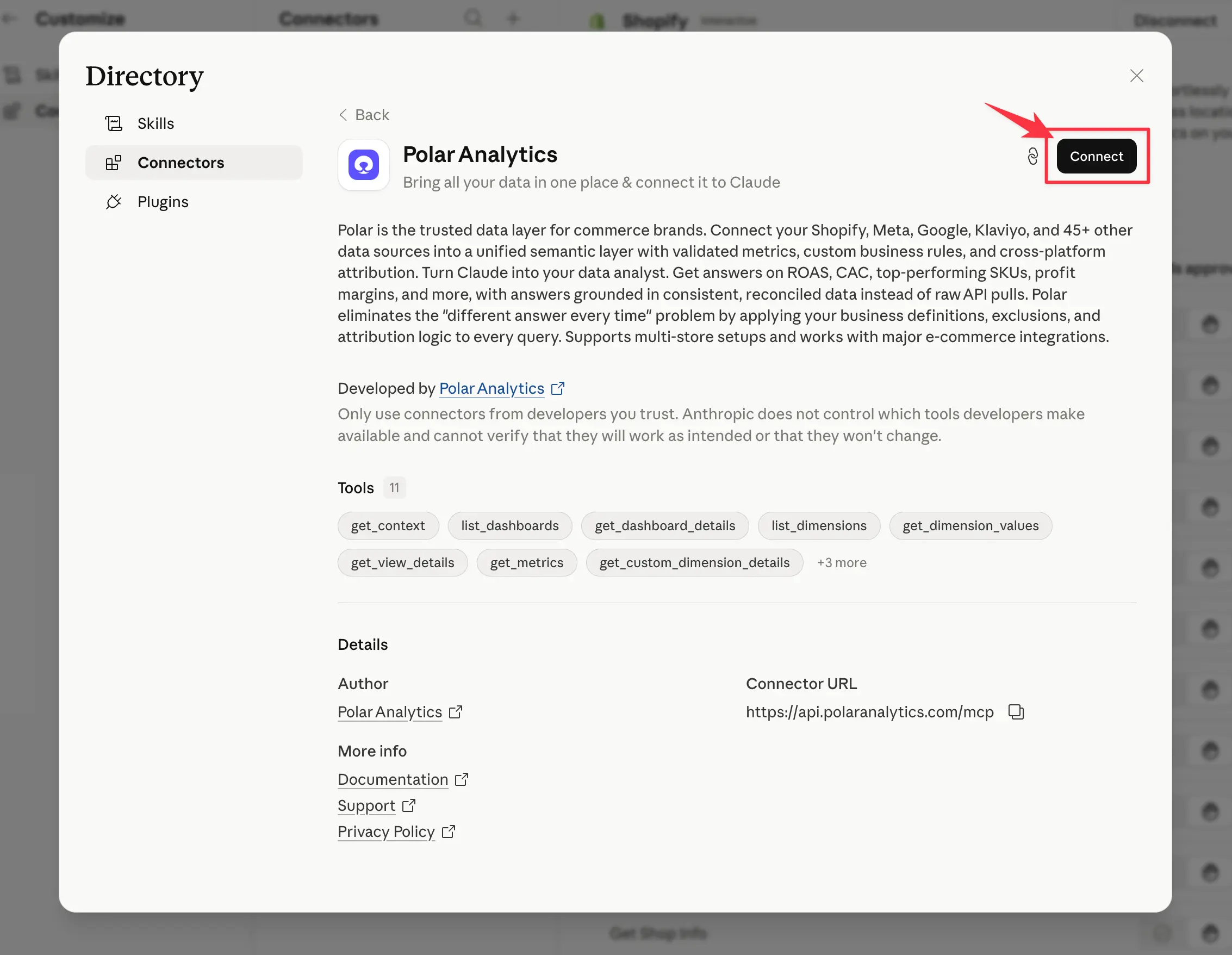 Polar Analytics connector in Claude directory