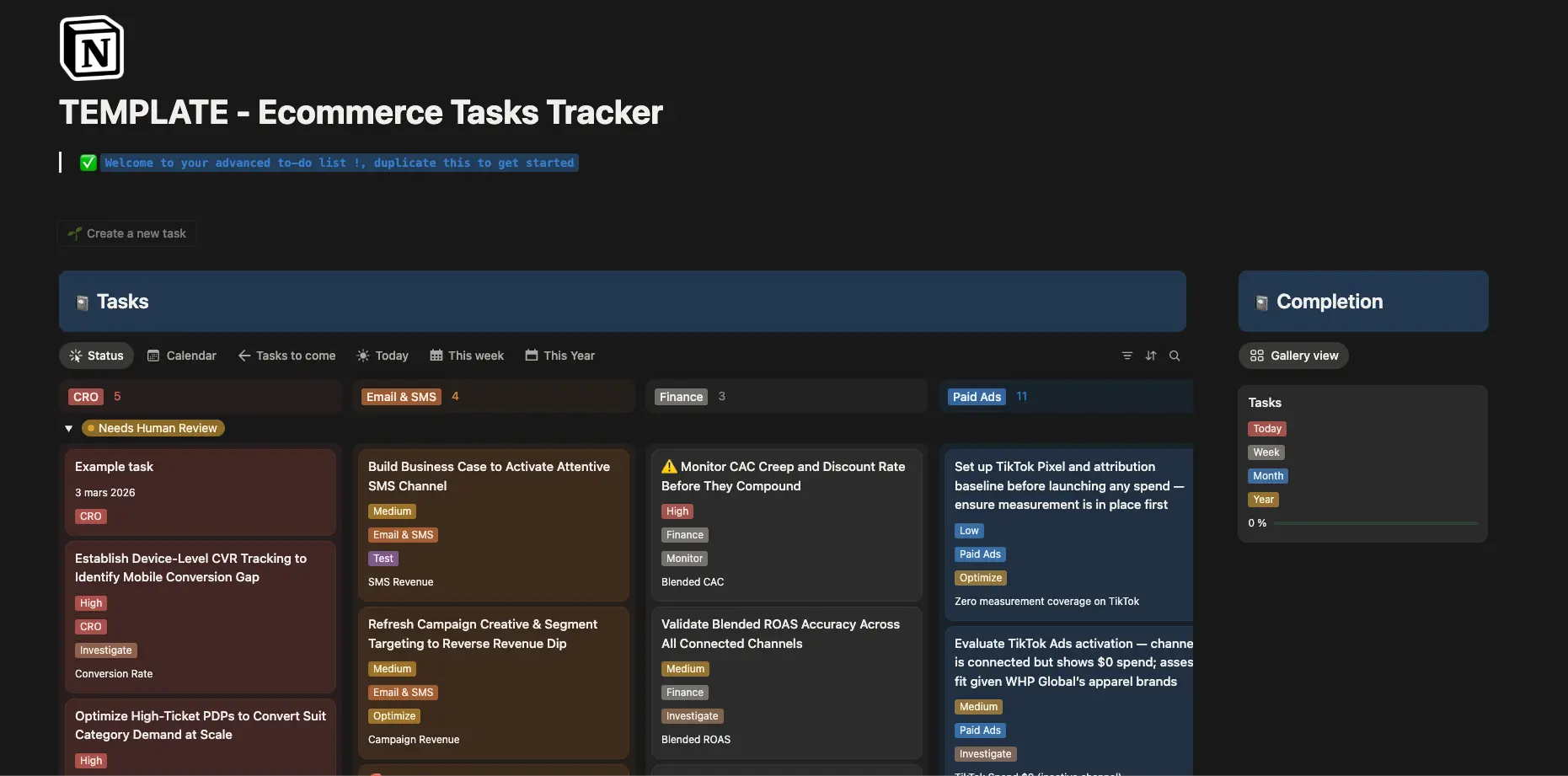 Ecommerce Tasks Tracker Notion template
