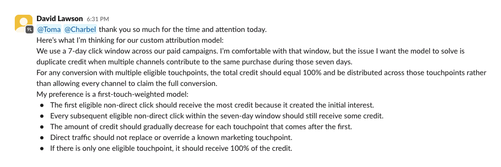 Slack message from David Lawson, Head of Ecommerce of Valabasas, setting out his custom attribution spec
