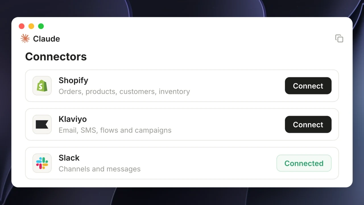 Claude native connector list showing Shopify, Klaviyo and Slack
