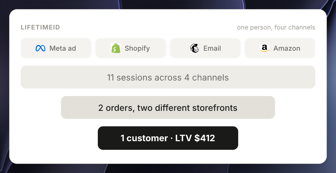 Touchpoints across four channels collapsing into one customer identity and lifetime value