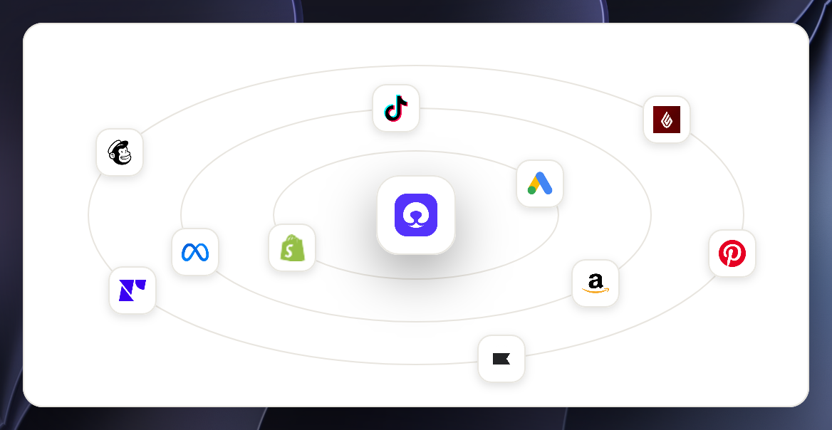 Storefronts, ad platforms, email and POS connectors orbiting one governed data model