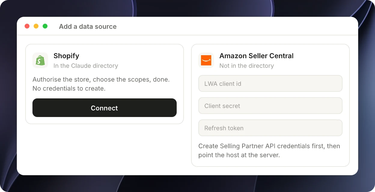 Shopify connected in one click next to Amazon asking for API credentials