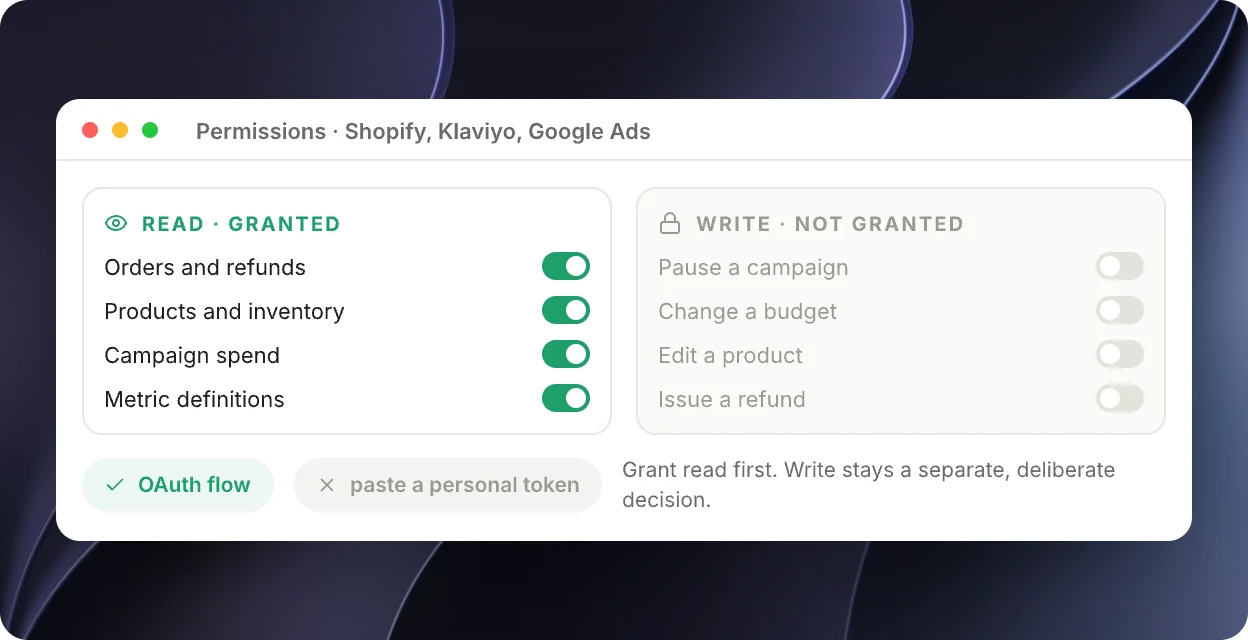 Read scopes granted, write scopes left off, OAuth preferred over a pasted token