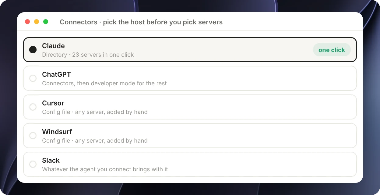 A host picker with Claude selected and its one click directory