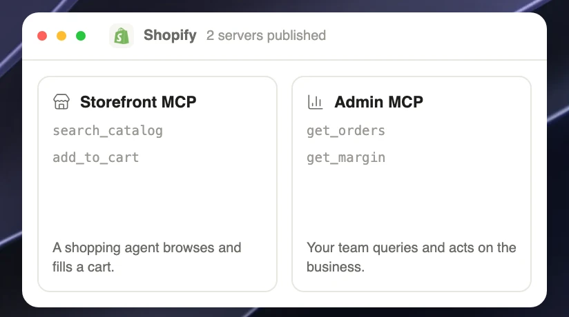 One Shopify store publishing two MCP servers, a storefront server for shoppers and an admin server for the team