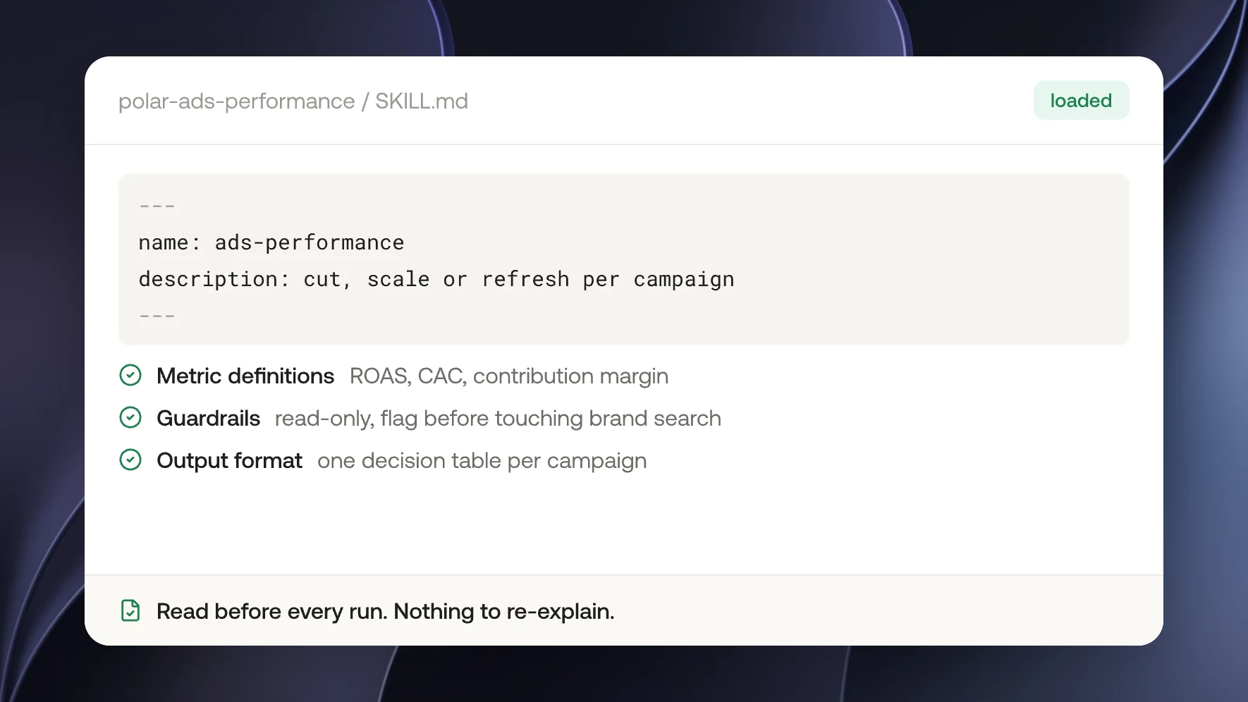 A skill file with its metric definitions, guardrails and output format, loaded before the run