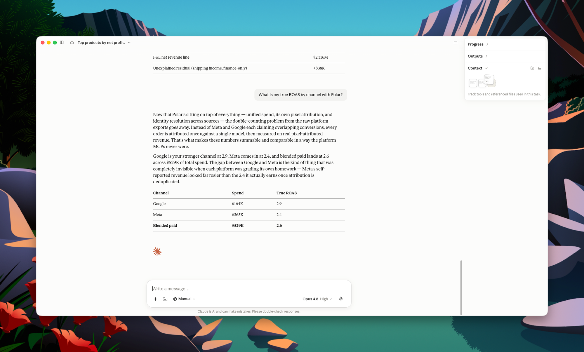 True ROAS by channel through the Polar MCP: Google 2.9, Meta 2.4, blended paid 2.6