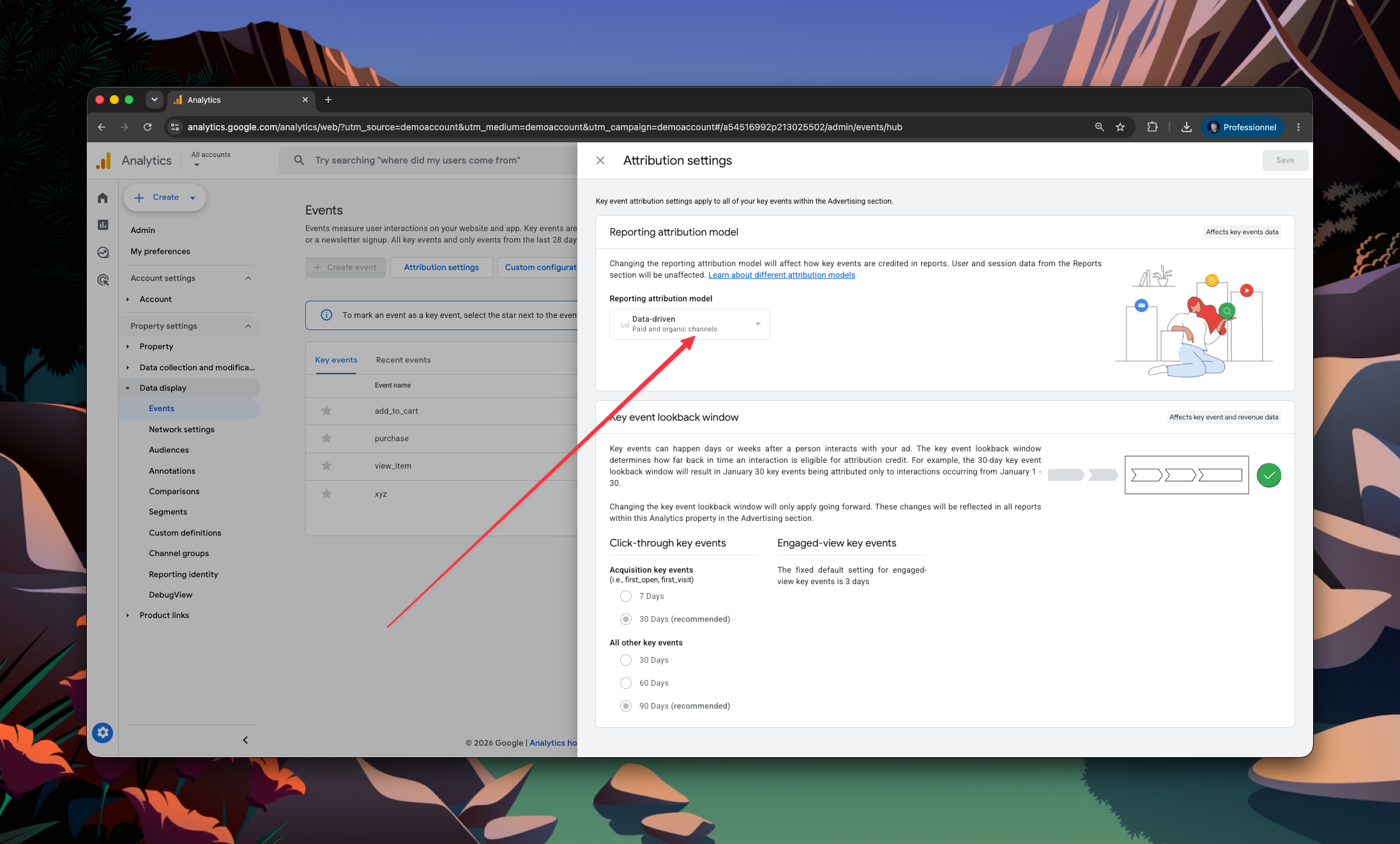 GA4 attribution settings showing the reporting attribution model and eligible channels