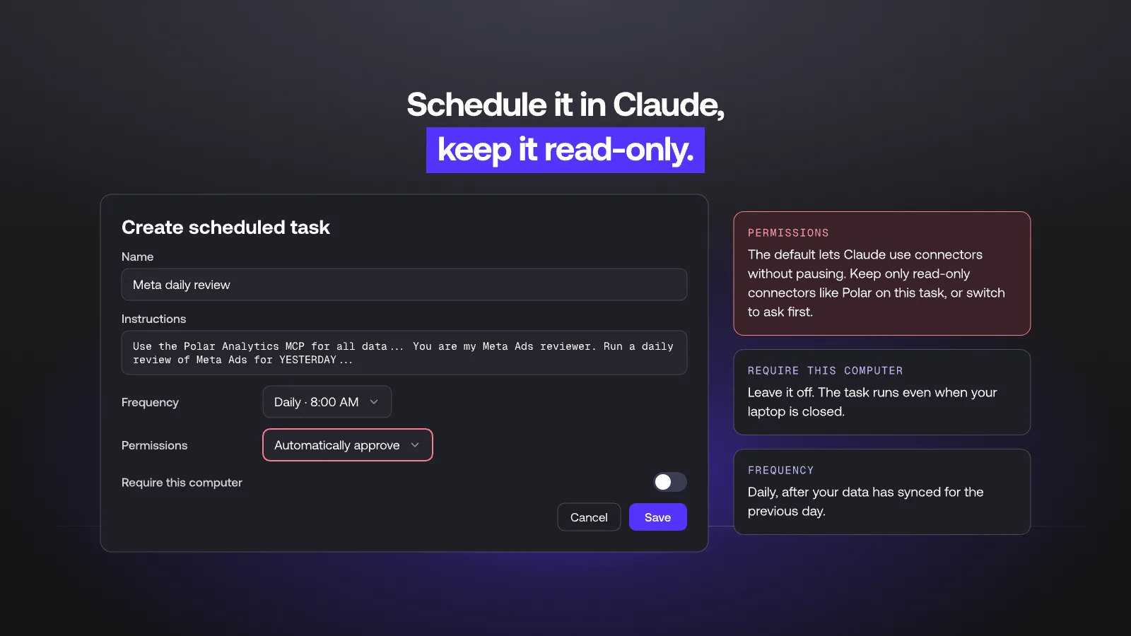 Scheduling a Meta ads AI agent in Claude with read-only permissions