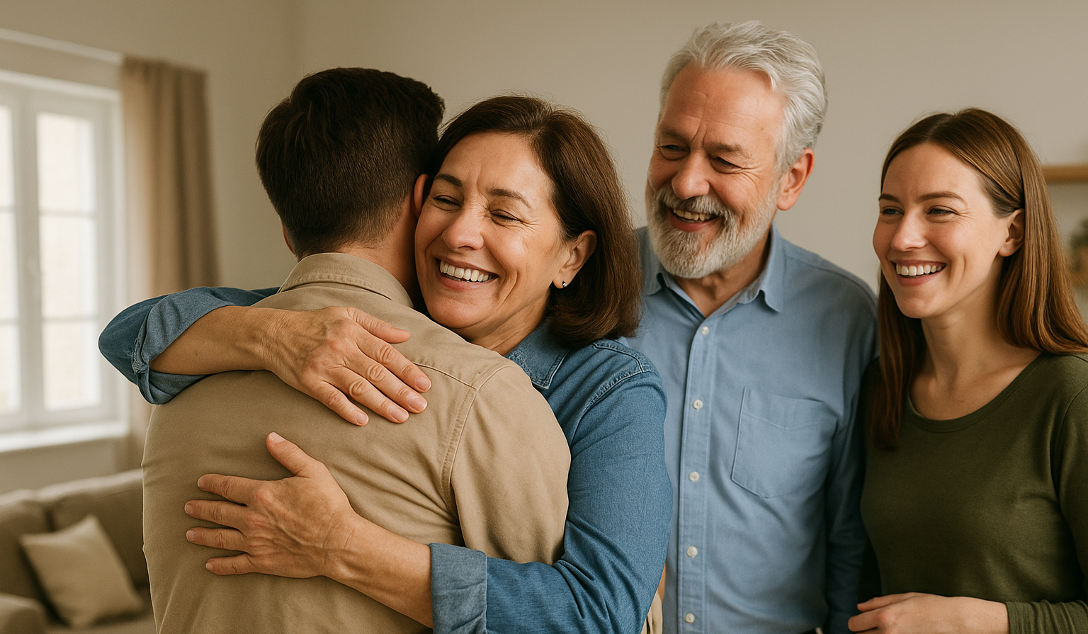 Adoptee reuniting with birth parents - emotional embrace.