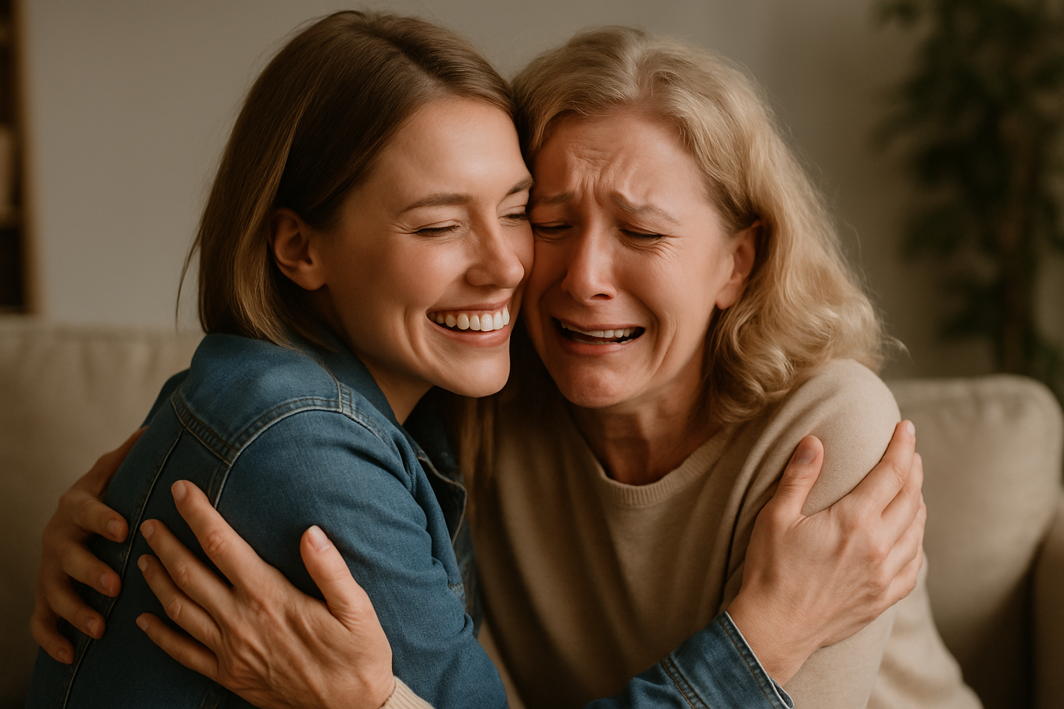 A woman and her birth mother embracing.