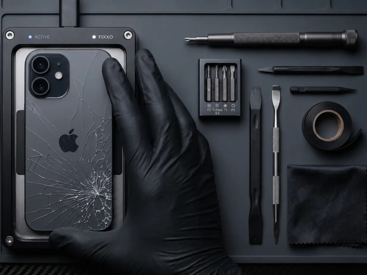 Cracked iPhone back glass on a technician's bench