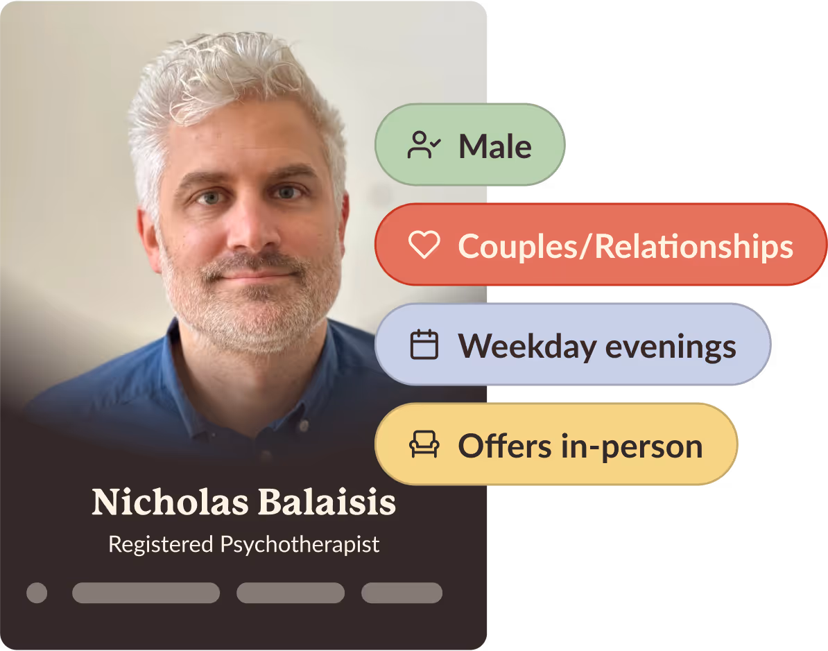 Portrait of Nicholas Balaisis, a registered psychotherapist, with labels indicating male, specializes in couples/relationships, available weekday evenings, and offers in-person sessions.
