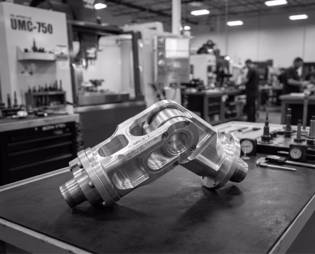 Machined industrial part on a workbench