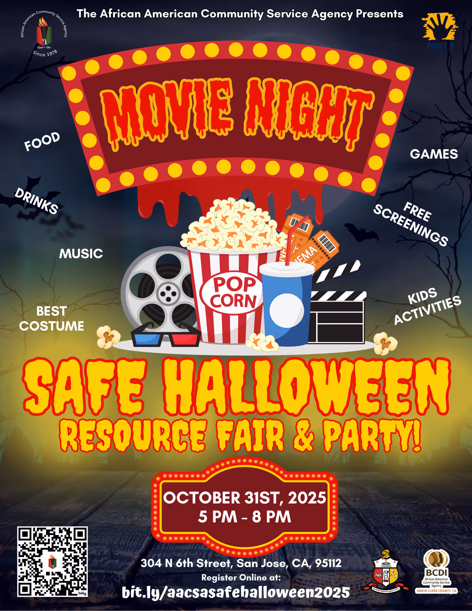 The African American Community Service Agency is excited to host the Annual SAFE Halloween Event for Families and Children! Join us for a fun and safe night on Thursday, October 31, 2024, from 5–8 PM at AACSA (304 N 6th St., San Jose, CA)! Enjoy trick-or-treating, games, a costume contest, screenings, and community resources—all in one fun-filled evening! In partnership with El Camino Health, Chi Eta Phi Sorority, Inc., FIRST 5 Santa Clara County, Healthier Kids Foundation, and Kappa Alpha Psi Fraternity, Inc. – Delta Rho Chapter.
