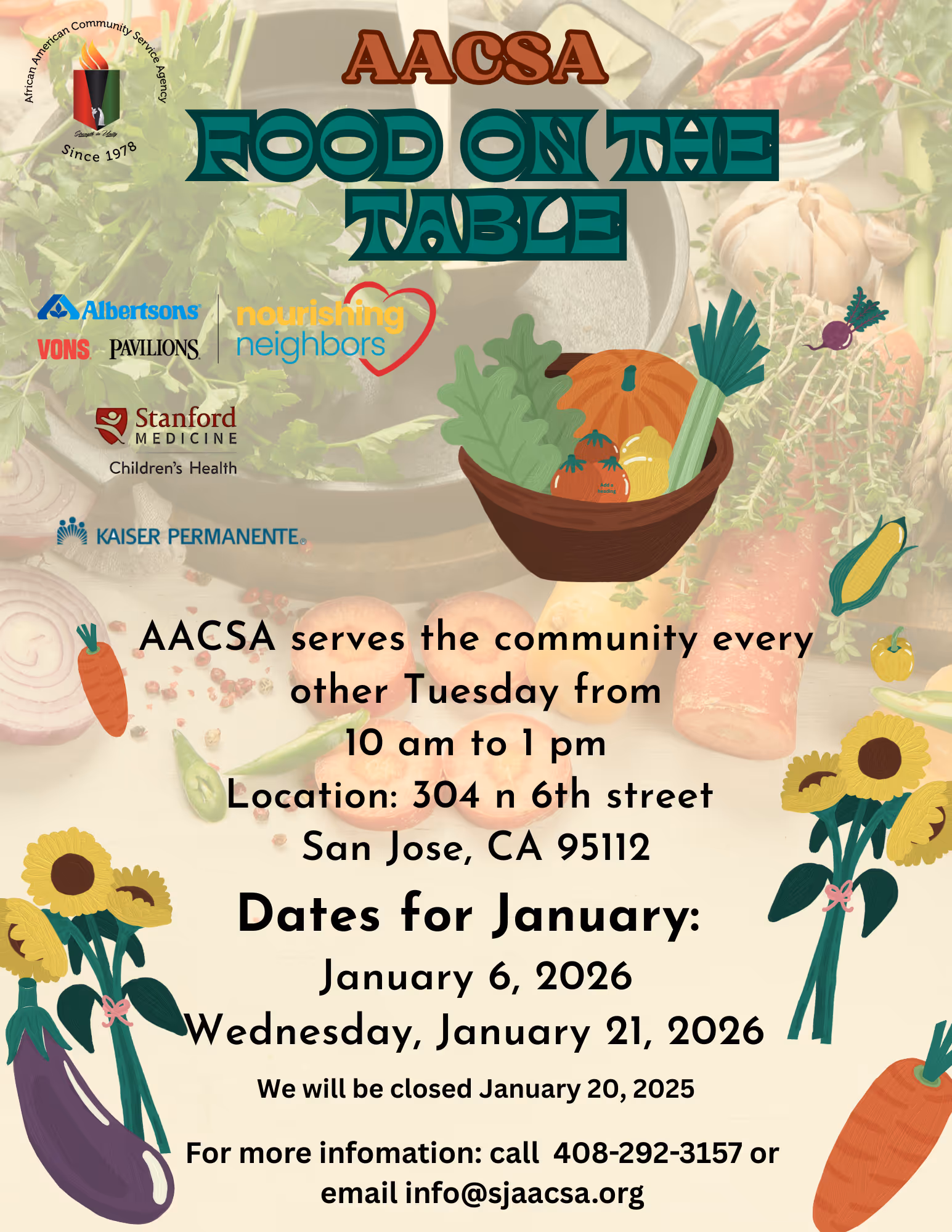 AACSA Bi-Weekly Food on the Table will be on Wednesday January 21, 2026, from 10:00am to 2:00pm! Open to All! 