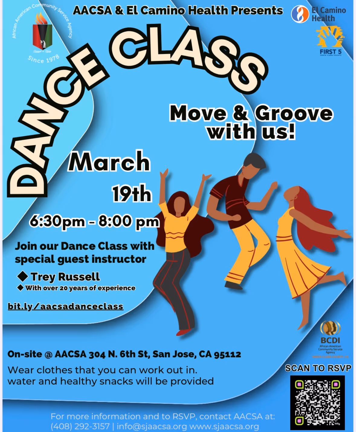 The African American Community Service Agency dance class is back tomorrow night with Trey Russell! Join us for an uplifting experience that moves your body, lifts your spirit, and connects you with community. Dancing isn’t just fun—it’s powerful for your health and well-being. It improves strength, flexibility, balance, and cardiovascular fitness, while relieving stress, boosting mood, and building confidence. Dance also strengthens memory, encourages teamwork, celebrates diverse cultures, and brings pure joy through movement and music.
Throughout the class we’ll also highlight Diabetes and Obesity Awareness, thanks to the generous support of El Camino Health. Date: March 19th, 2026 Time: 6:30pm-8:00pm Location: African American Community Service Agency