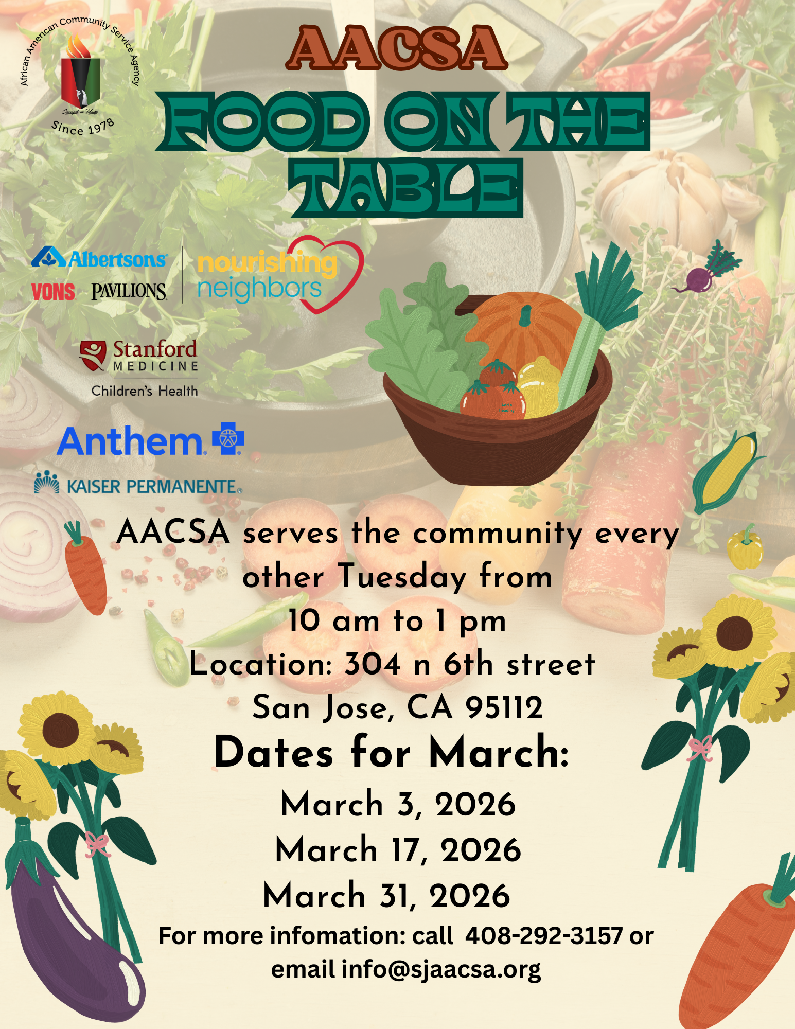 AACSA Bi-Weekly Food on the Table will be on Wednesday March 27, 2026, from 10:00am to 2:00pm! Open to All! 