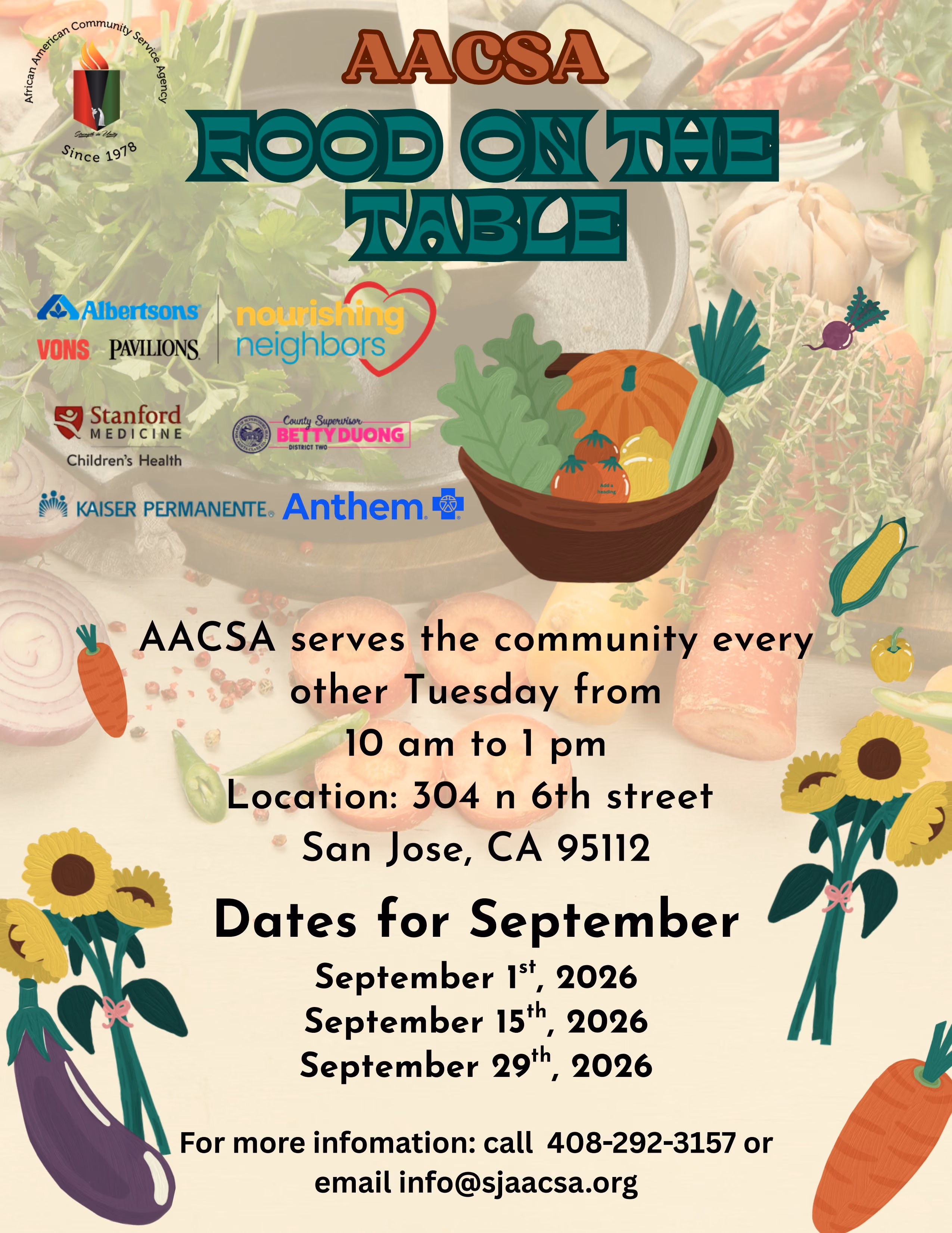 AACSA Bi-Weekly Food on the Table will be on Tuesday September 1 2026, from 10:00am to 2:00pm! Open to All! 