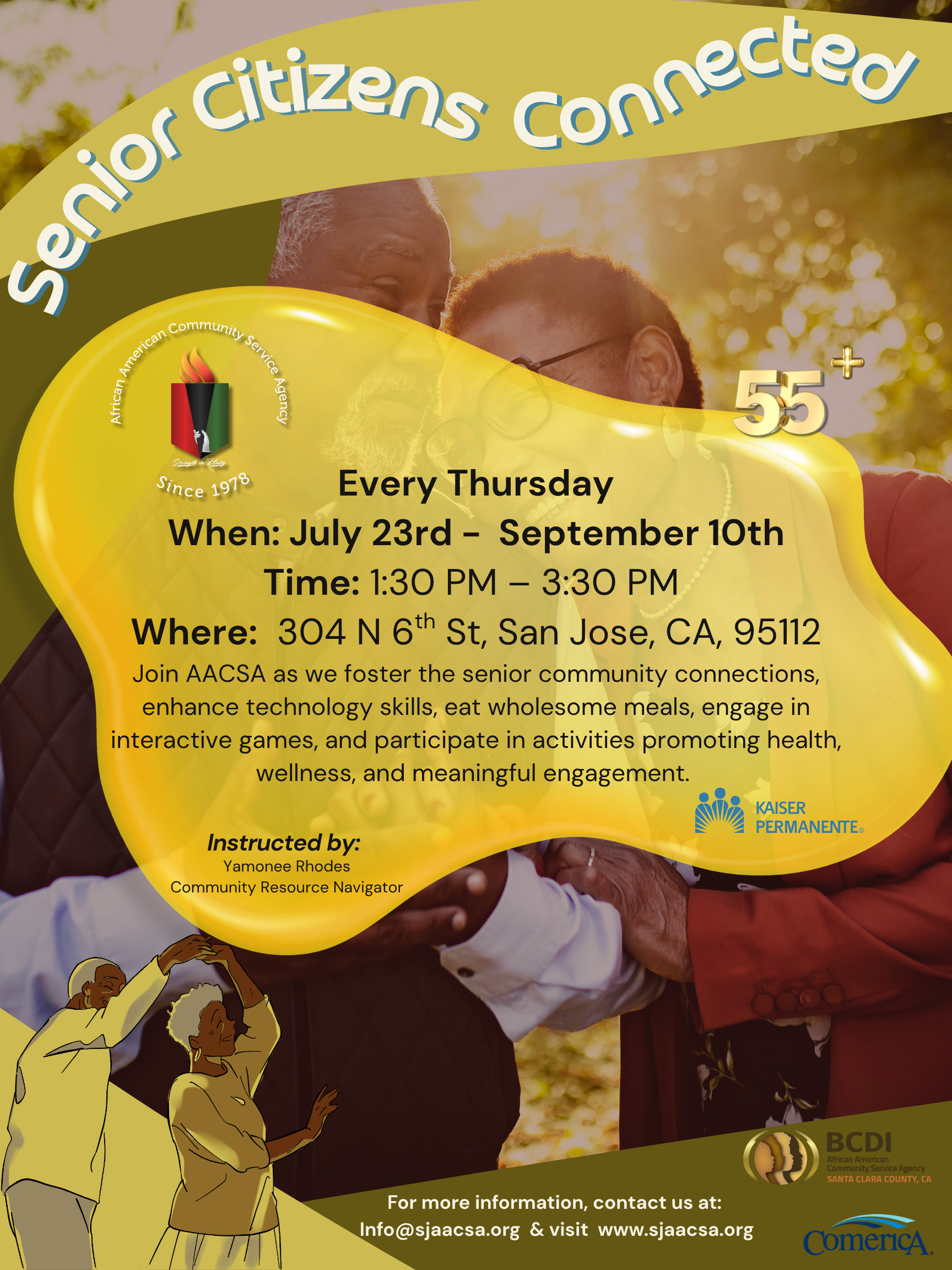 The African American Community Service Agency (AACSA) is excited to kick off its Summer 2026 Senior Citizens Connected Program eight-week program, sponsored by Kaiser Permanente, Comerica Bank, and BCDI-SCC, from 1:30 PM to 3:30 PM at AACSA! Senior Citizens Connected Program is designed to foster the senior community connections, enhance technology skills, eat wholesome meals, engage in interactive games, and participate in activities promoting health, wellness, and meaningful engagement. Join us every Thursday as we create a space for education, connection, and community!