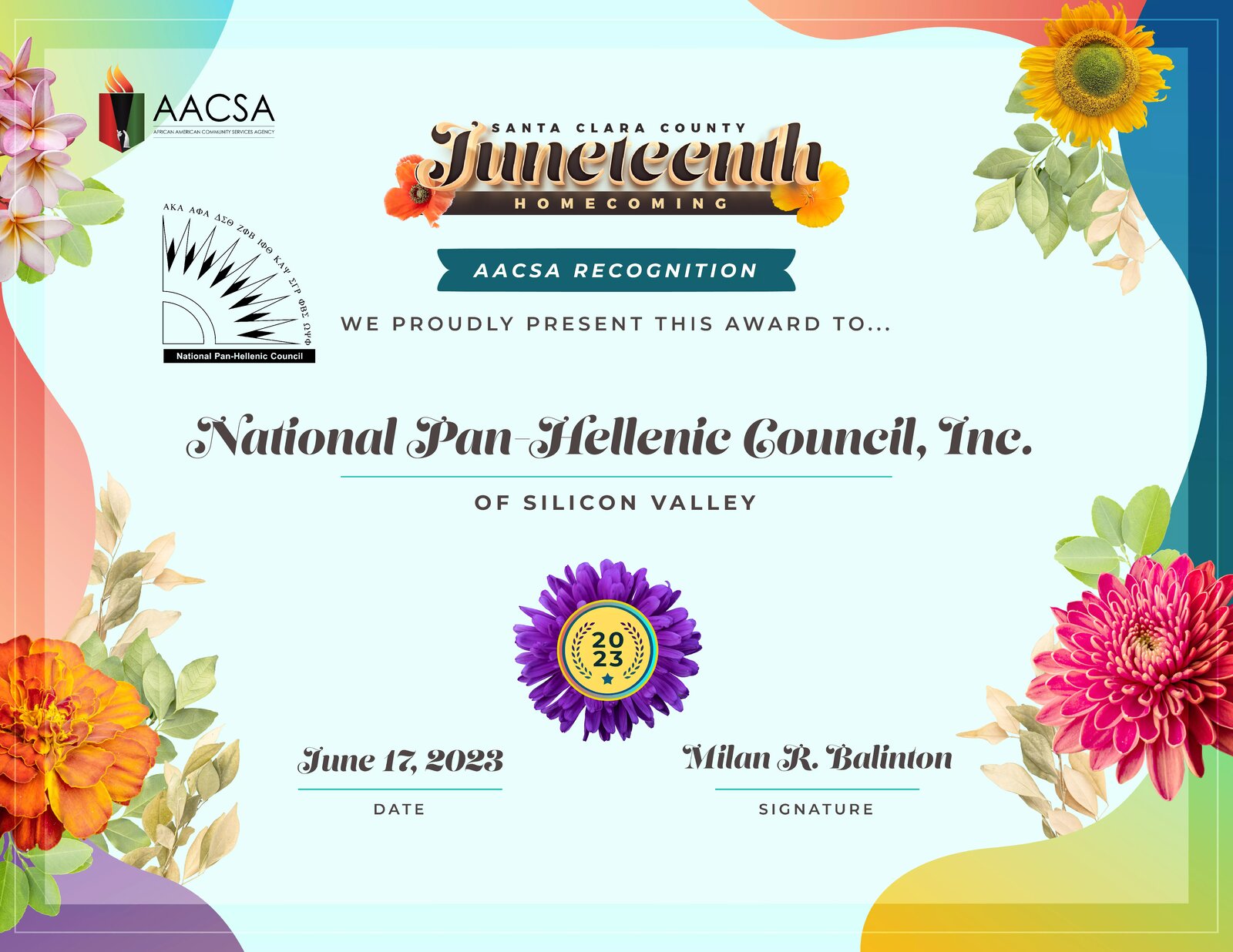 2023 AACSA Recognition certificate presented to National Pan-Hellenic Council, Inc. of Silicon Valley