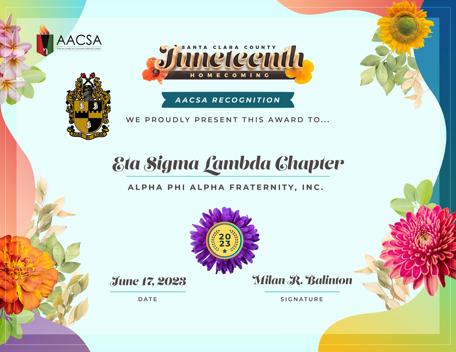 2023 AACSA Recognition certificate presented to Eta Sigma Lambda Chapter, Alpha Phi Alpha Fraternity, Inc.