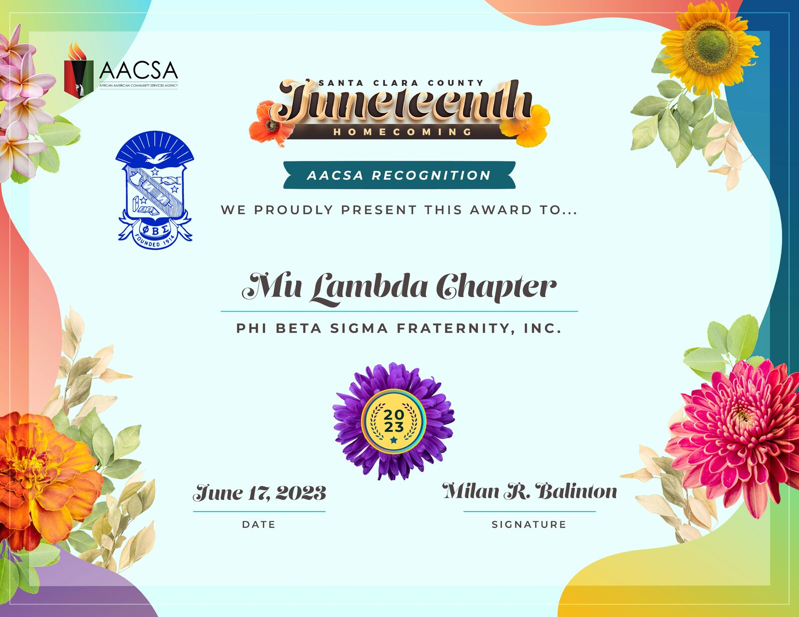 2023 AACSA Recognition certificate presented to Mu Lambda Chapter, Phi Beta Sigma Fraternity, Inc.