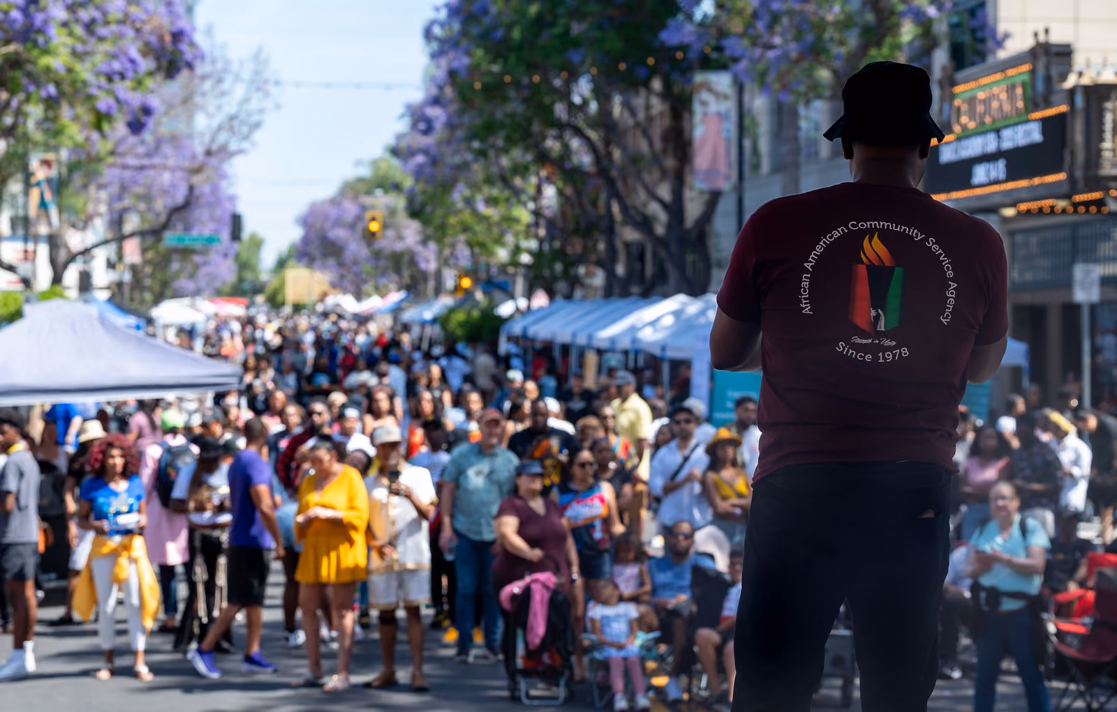 A person wearing an AACSA shirt faces a festival crowd from a stage overlooking vendor tents