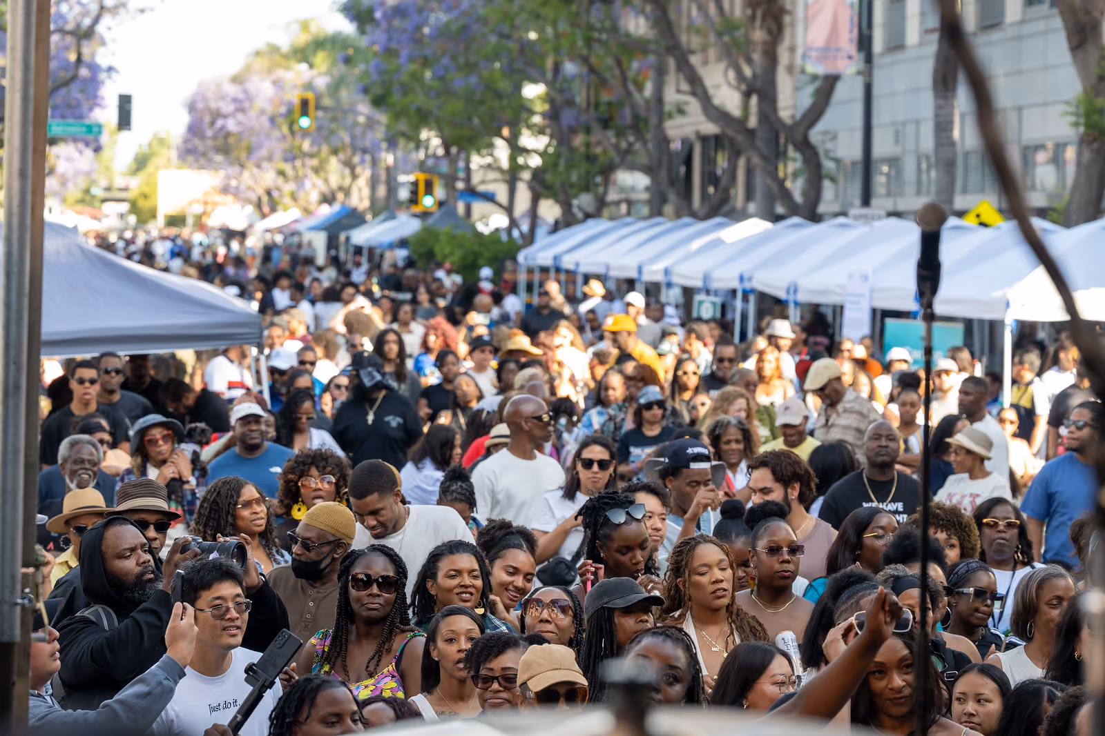 A dense festival crowd fills a tree-lined street between rows of white vendor tents
