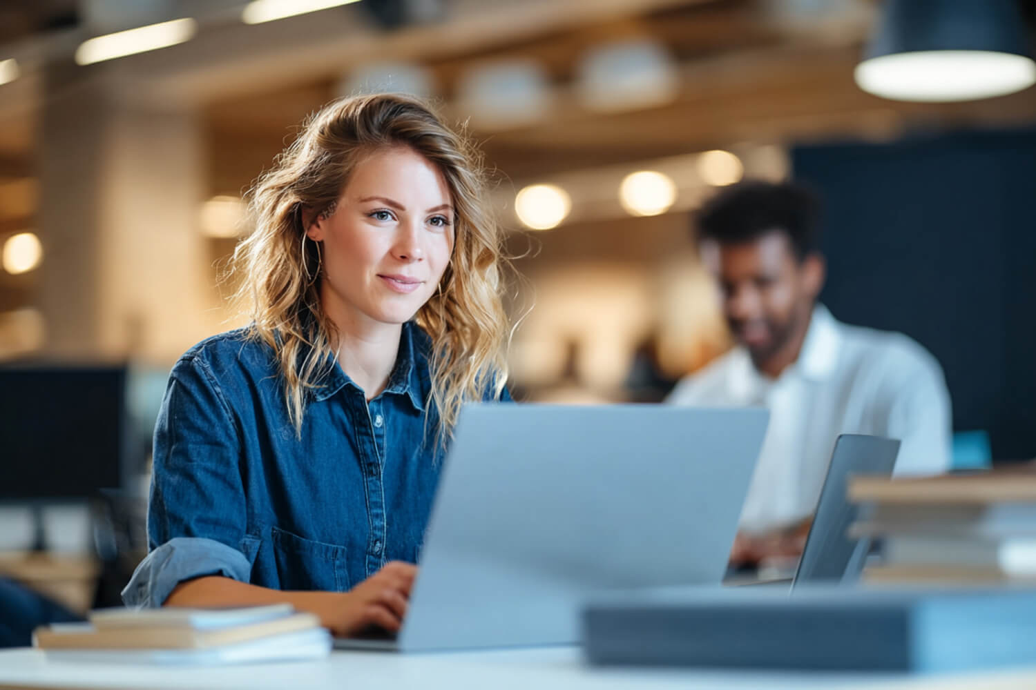 明るいオフィスで、ラップトップに向かって集中して作業する若い女性