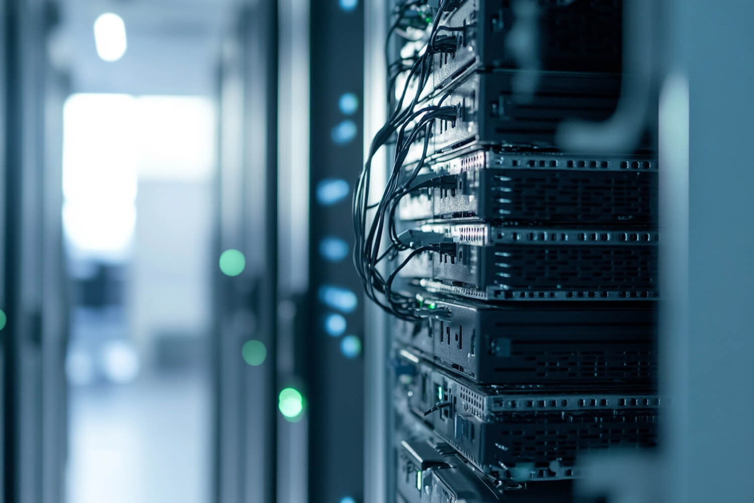 薄暗いサーバー室で稼働中のデータセンターのサーバーラックと、接続された多数のケーブル